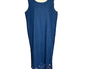 Vintage Jane Ashley Denim Maxi Dress | Women&#39;s Plus Size 1X | Sleeveless Tank | Pastel Floral | Flower Embroidery Boarder | Cottagecore