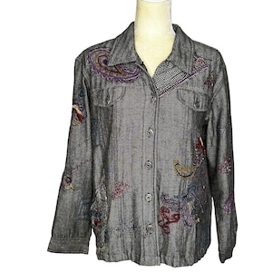 Vintage 90s Embroidered Patchwork Shacket: Beaded Boho Festival Jacket