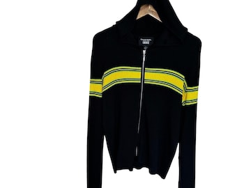 Vintage 90s Emanuel Ungaro Liberte Zip Front Sweater Hoodie Yellow Stripe Large