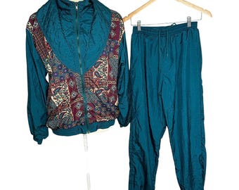 Vintage Teal Track Suit Set Westbound Sport Medium 80s Nylon Windbreaker Jogger Pants Paisley Detail Zip Jacket Two Piece Outfit