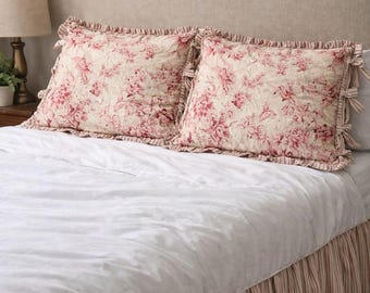 Juego de fundas de almohada vintage Chris Madden Queen con volantes / Estampado floral campestre francés / Detalle de lazo de los años 90