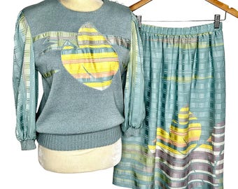 Vintage 70s Leslie Fay Sweater Skirt Set | Women&#39;s Size Small | Pastel Blue Yellow Orange | 3/4 Sleeve | Applique | Knee Length | Coordinate