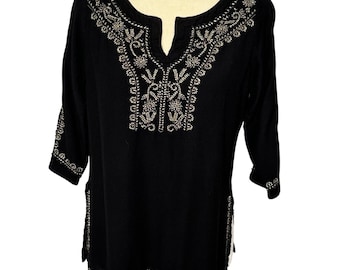 Túnica vintage negra bordada de rayón, estilo bohemio, para festivales, talla pequeña