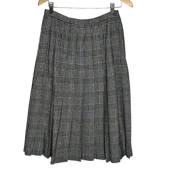 Vintage Pendleton Wool Skirt | Women's Size 12 | 28" Waist | Houndstooth Plaid Pleated Midi | Dark Academia | Button Zip Closure