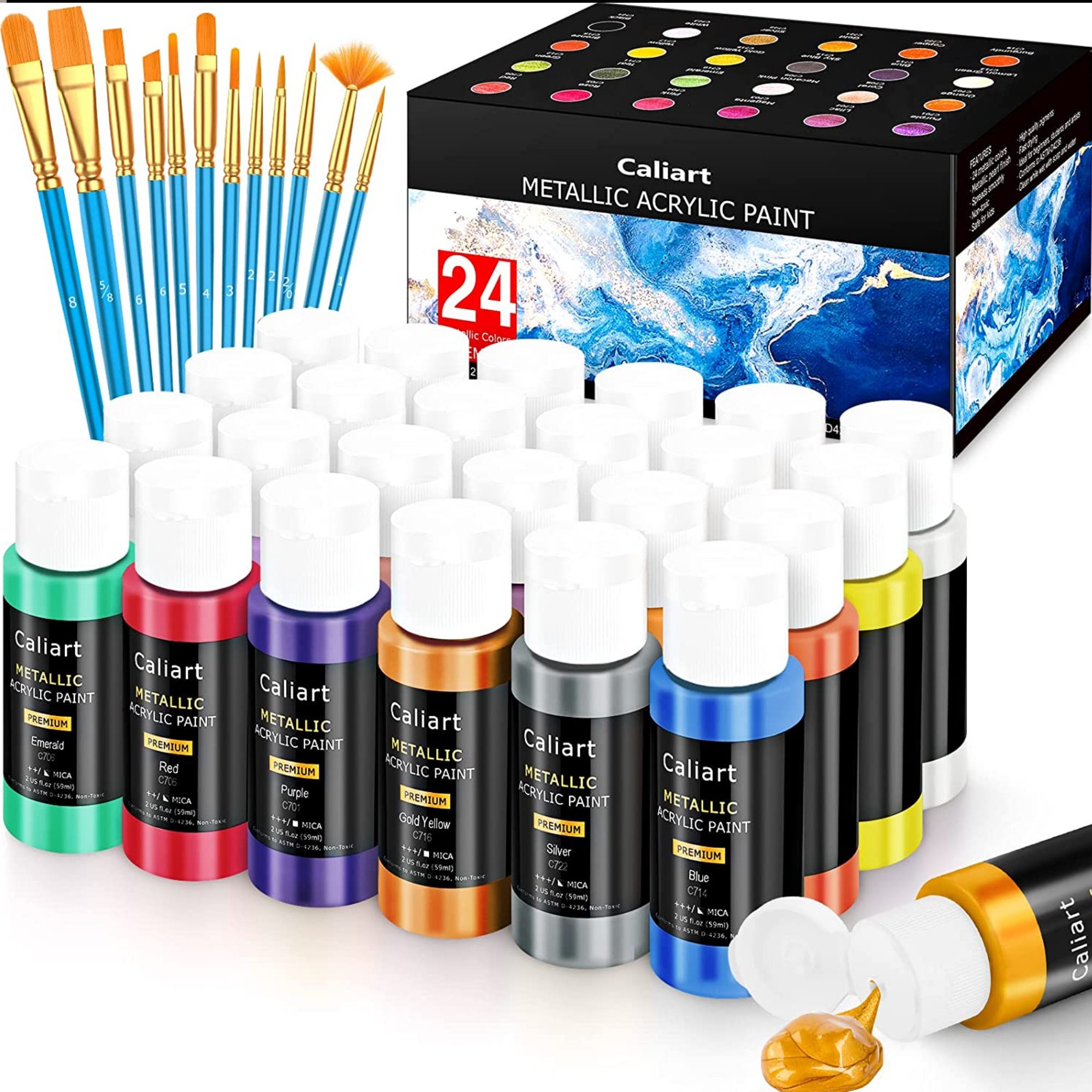 24 Color Acrylic Fabric Paint in 2 Ounce Bottles and 7 Brushes