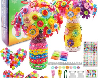 Crafts for Girls Ages 6-10 Make Your Own Flower Bouquet with Buttons and Felt Flowers, Vase Art and Craft for Children