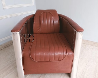 Aviator Sofa Stuhl aus echtem Leder & Aluminium Akzent Retro Vintage Stil