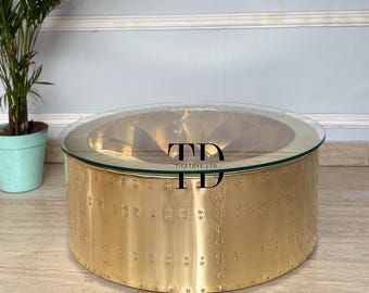 Tieetdye Brass Finish Coffee Table Turbine Aviator Round Table, Industrial Modern Living Room Centerpiece