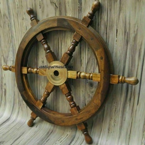 18&quot;Nautical Wooden Ship Steering Wheel Pirate Decor Wood Brass Fishing Wall Boat