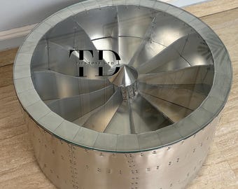 Tieetdye Aluminum Finish Coffee Table Turbine Aviator Round Table, Industrial Modern Living Room Centerpiece