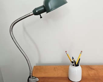 Vintage Industrial Gooseneck Desk Lamp: Antique Green Clamp-On Light