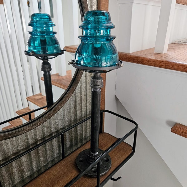 Glass Insulator Table Lamp.  Nightstand Lamp.  Desk Lamp.  Retro Lighting.  Steampunk Lamp. Industrial Lighting. Pipe Lamp.