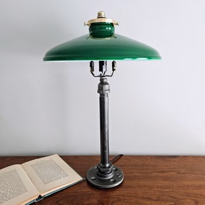 Industrial Table Lamp with Vintage-Style Green Porcelain-Coated Steel Shade.  Desk Lamp. Retro Lighting. Cottage Lamp. Industrial Lighting.