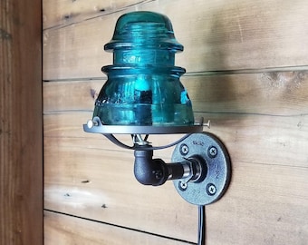 Glass Insulator and Industrial Pipe Sconce Lamp with Cord. Wall Light. Retro Lamp. Industrial Sconce Light. Steampunk Sconce.