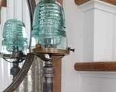 Glass Insulator and Industrial Pipe Table Lamp. Industrial Accent Lamp. Insulator Light. Desk Lamp. Industrial Lighting.