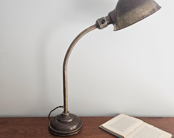 Vintage Brass Gooseneck Desk Lamp. Antique Reading Lamp.
