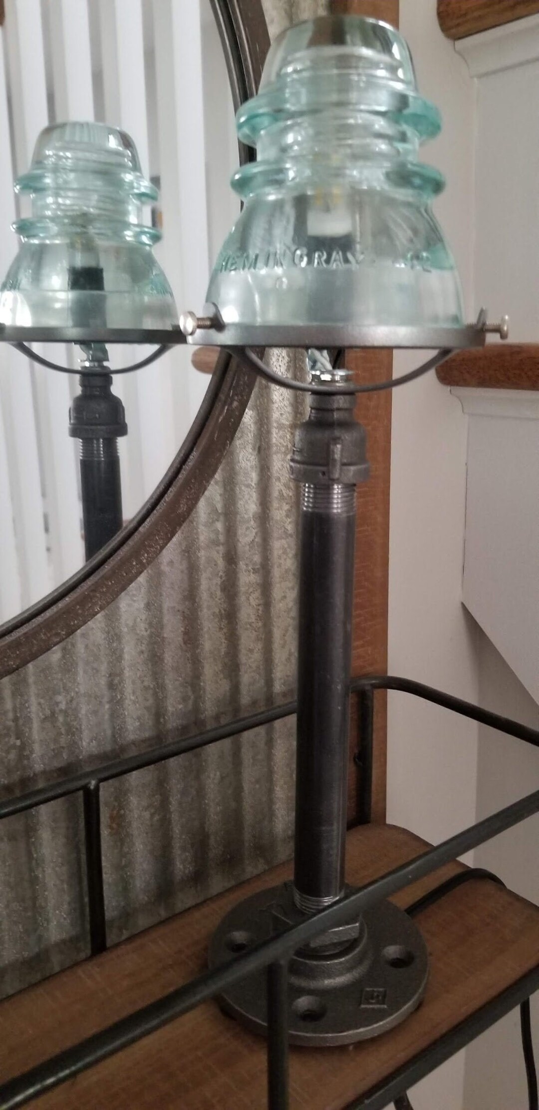 Glass Insulator and Industrial Pipe Table Lamp. Industrial Accent Lamp