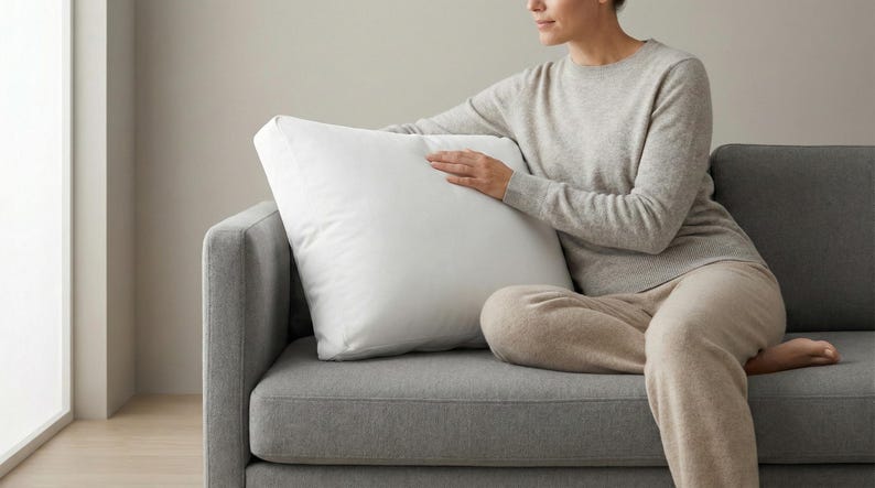 May include: A large, square white pillow rests on a gray sofa. The pillow is held by a person wearing a light gray sweater and beige pants. The sofa is in a room with a neutral color palette.
