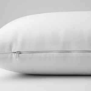 May include: A white pillow with a zipper closure, shown in a side view. The pillow has a smooth, clean appearance, suggesting a focus on comfort and bedding. The zipper is silver.