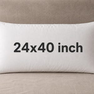 May include: A rectangular white pillow featuring the text 24x40 inch printed in black across the center. The pillow has a smooth, solid white fabric cover and a small dark blue brand tag attached to the bottom right corner of the item.