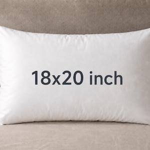 May include: A rectangular white pillow featuring the text 18x20 inch printed in dark grey on the front surface. The pillow has a smooth, solid white fabric cover and a small dark blue brand tag attached to the bottom right corner edge.