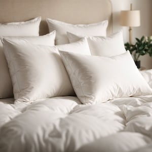May include: A white bed with a white duvet and several white pillows. The pillows are arranged in a stack, with the top pillow being the largest.