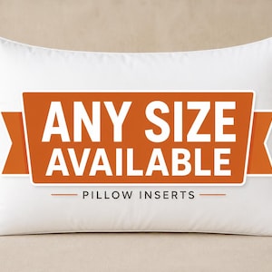 Puede incluir: Un cojín rectangular blanco con una prominente banda naranja centrada en la parte frontal. La banda contiene el texto blanco ANY SIZE AVAILABLE en letras mayúsculas negritas, con las palabras PILLOW INSERTS impresas debajo.