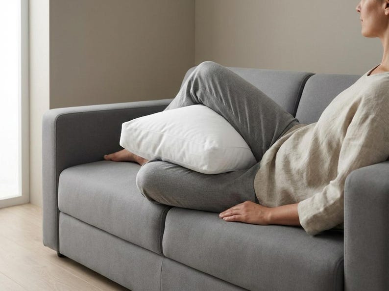 May include: A gray sofa with a white pillow. The sofa has a simple design and is upholstered in a neutral gray fabric. The white pillow provides a contrast to the sofa's color.
