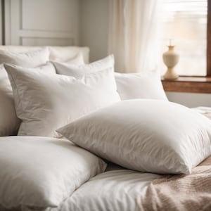 Op de afbeelding: Een wit bed met verschillende witte kussens die op de beddengoed zijn gerangschikt. De kussens zijn vol en pluche, en het bed is gemaakt met frisse witte lakens. Een zachte, lichtbruine deken is over de onderkant van het bed gelegd.