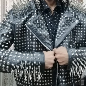 Men&#39;s Stylish Fashion Black Color Punk Silver Long Spiked Studded Cowhide Leather Biker Spike Jacket