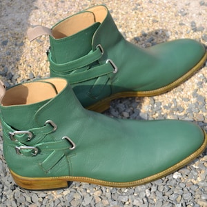 Bespoke Handmade Dark Green Colour Leather Double Buckle Boots, Monk Strap Jodhpurs Boots, Wedding Boots, Party Boots, Men Custom Boots