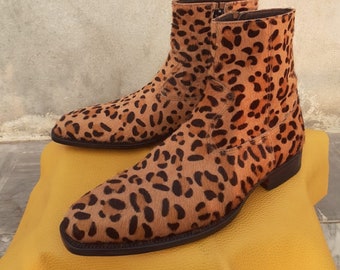 Bespoke Men Handmade Leopard Texture, Side Zipper Ankle High, Causal, Formal Leather Boots, Wedding Boots, Men Custom Boots
