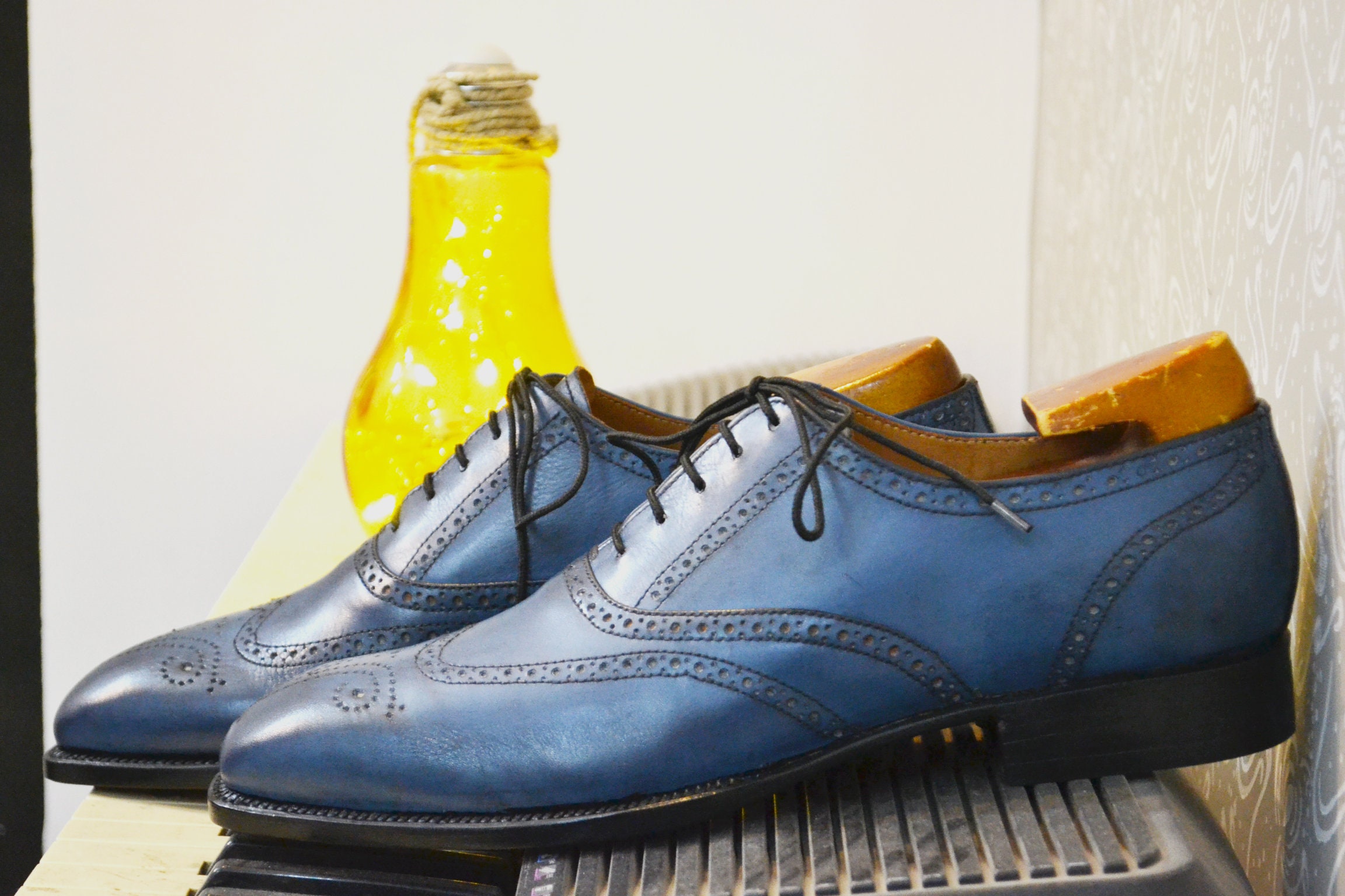 Bespoke Men's Handmade Blue Colour Leather Wing Tip Brogues