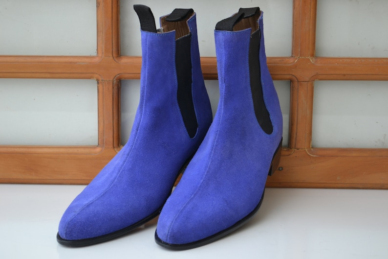 Bespoke Men's Handmade Stylish Royal Blue Suede Casual Ankle High
