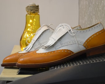 Bespoke Men's Handmade White Orange Colour Leather Wing Tip Brogues Oxfords Dress Shoes, Formal Shoes, Wedding Shoes, Party Shoes, Men Shoes