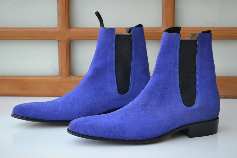 Bespoke Men's Handmade Stylish Royal Blue Suede Casual Ankle High