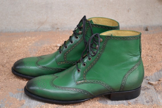 Bespoke Men Handmade Green Half Ankle High Boots Men s Wing Tip Brogues Leather Formal Boots wedding Boots Gift for him Men Custom Boot