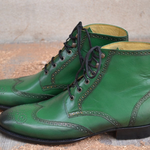 Bespoke Men Handmade Green Half Ankle High Boots, Men's Wing Tip Brogues Leather, Formal Boots, wedding Boots, Gift for him, Men Custom Boot