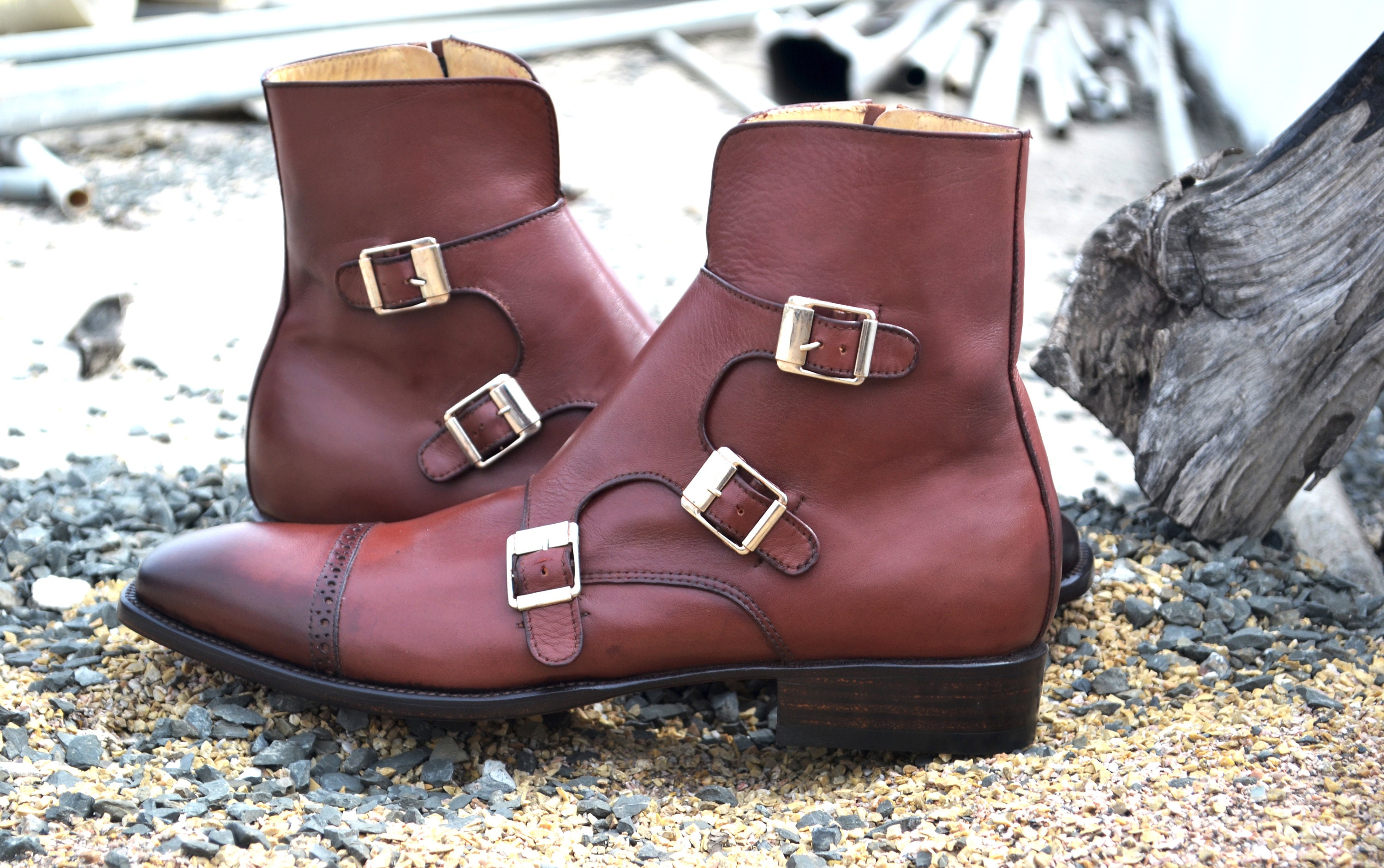 【COLOR iN ID】Three Buckle Strap Middle Boots Ander Buckle Strap Boots (3cm) - SAPPUN