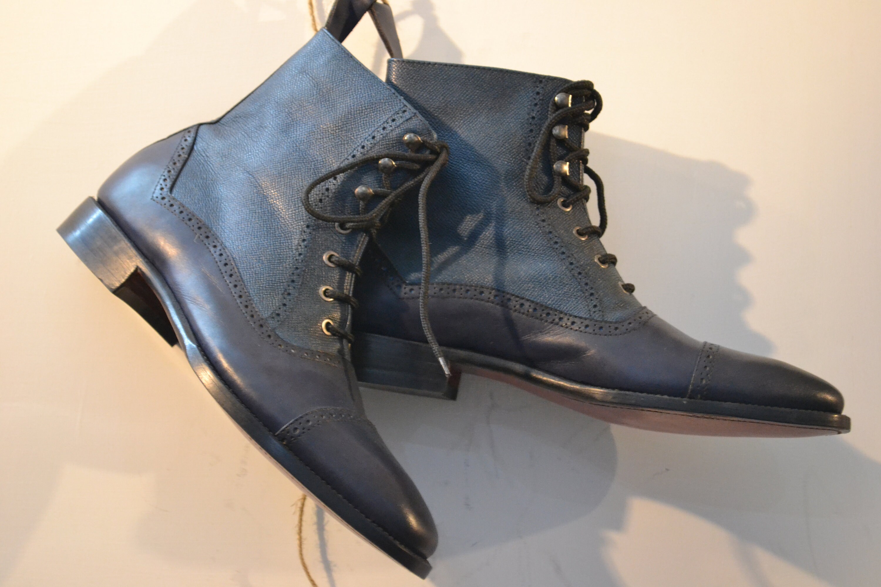 Bespoke Handmade Men s Pure Leather Ankle High Lace up Dark Blue Navy Color Cap Toe Boots Etsy