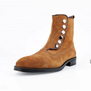 New Handmade Tan Colour Button Top Leather Suede Ankle High Boots For Men&#39;s