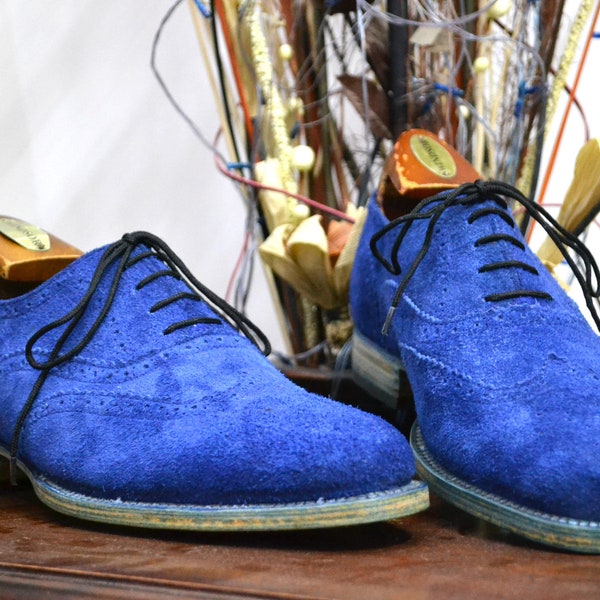 Bespoke Handmade Men Blue Genuine Leather Suede Lace Up Wing Tip Brogue Shoes, Oxford Shoes, Wedding Shoes, Gift for him, Men Custom Shoes