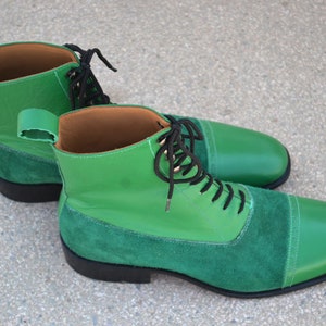 Men&#39;s Handmade Green Leather & Suede Lace Up Cap Toe Ankle High Boots