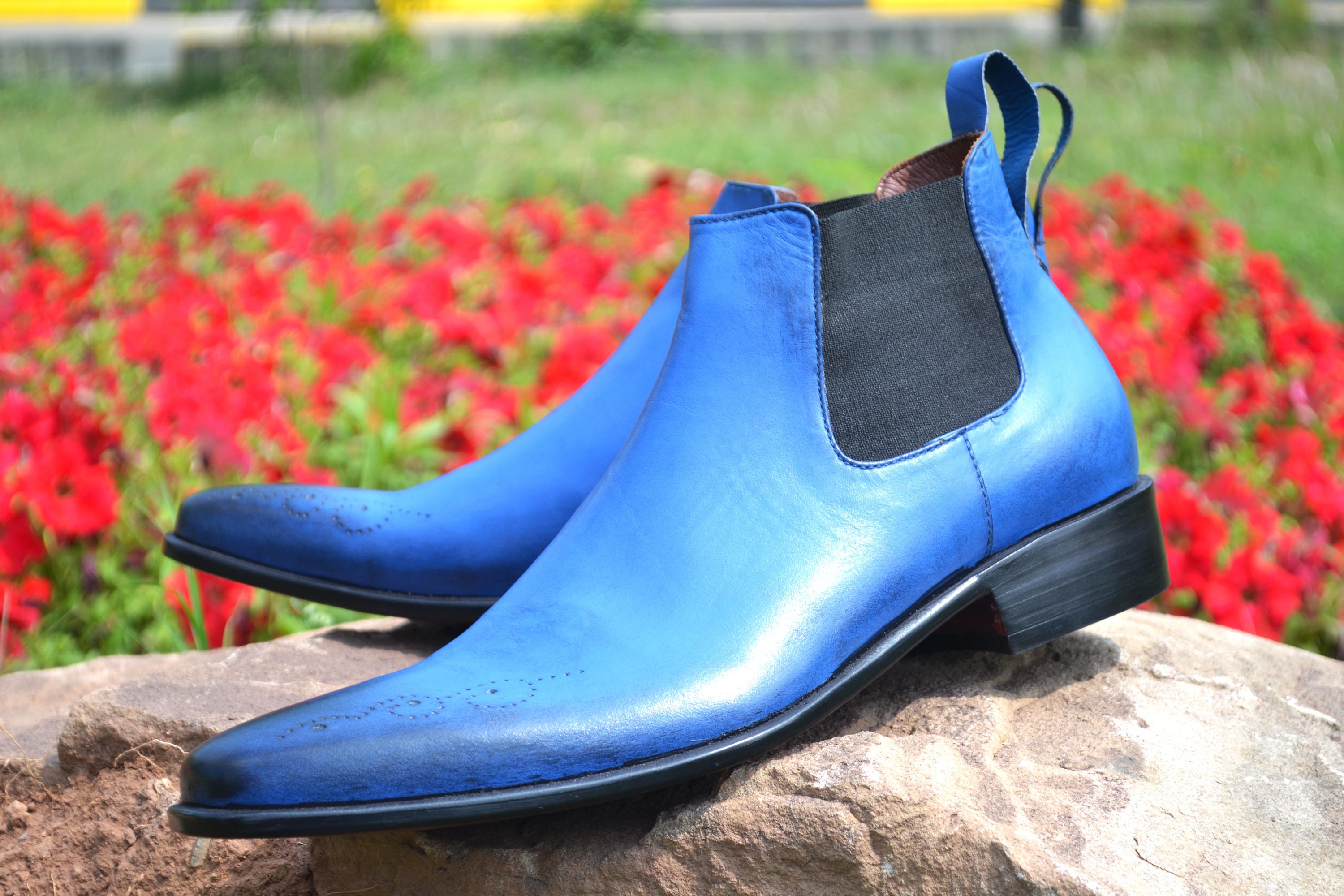 Bespoke Men Handmade Black Pointed Toe Blue Leather Ankle High Brogue Toe Boots Wedding Boots Party Boots Chelsea Boots Men Custom Boots