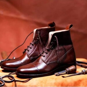 Bespoke Men Handmade Ankle High Brown Cap Toe Brogue Leather Lace Up Dress, Formal Boots, Wedding Boots, Gift for him, Men Custom boots