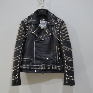 Unisex Stylish Fashion Black Punk Silver Long Spiked Studded Cowhide Leather Biker Spike Jacket