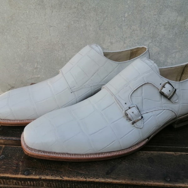 Bespoke Handmade Men's White Colour Crocodile Texture Genuine Leather Oxfords, Formal Shoes, Wedding Shoes, Party Shoes, Men Custom Shoes