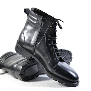 Bespoke Men New Handmade Ankle High Cap Toe Black Leather Military Side Zipper Lace Up, Formal Boots, Military Boots, Men Custom Booots