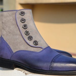 Handmade Button Top Cap Toe Leather & Suede Boots Gray Blue, Dress Formal Boots For Men's