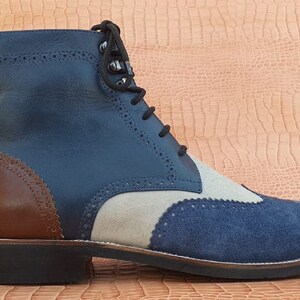 Men's Pure Handmade Ankle High Leather & Suede Multi Colour Formal Wing Tip Brogue Boots